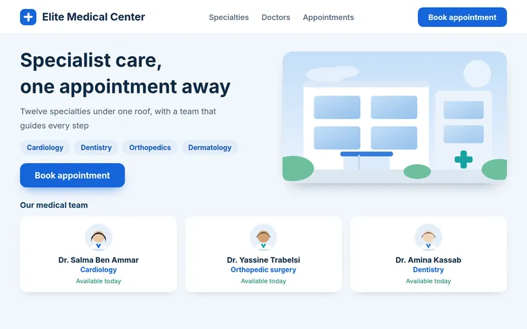 Design preview of a multispecialty medical centre website: specialties, doctor cards and a book-appointment button