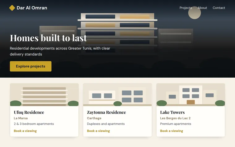 Design preview of a property developer website: a large architectural image, project cards and an explore-projects button