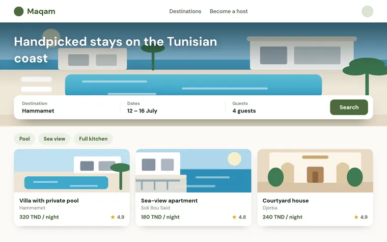 Design preview of a vacation rental platform: a destination and date search bar with stay cards showing price and rating